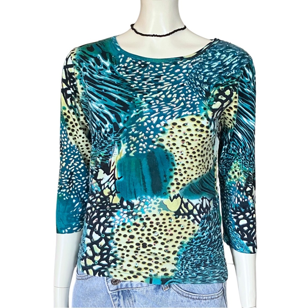 Vintage Y2K Blue Sequin Beaded Animal Print 100% Cotton Top. Small. Leopard Teal